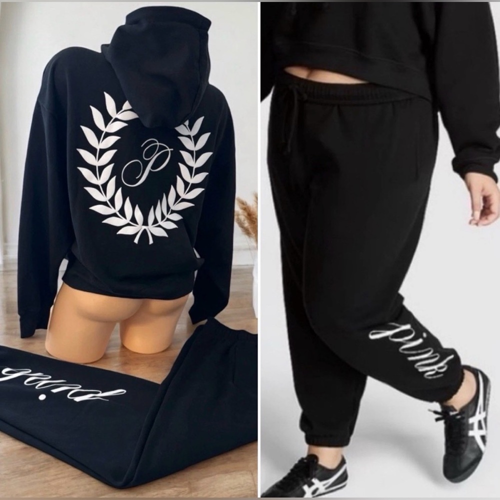 PINK Victoria Secret Ivy Fleece Full Zip Hoodie & Jogger Sweatpants Black Medium